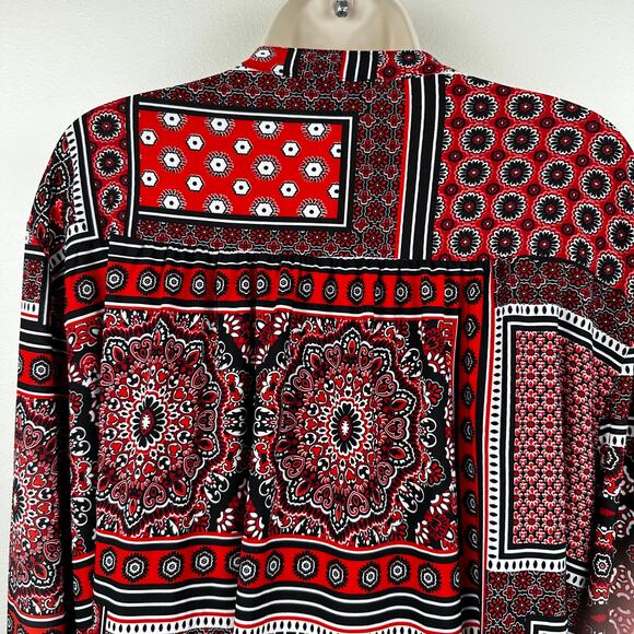 Cocomo Blouse Top Liquid Knit Patchwork Pattern Roll Tab Sleeve Relaxed Red 3X - Picture 7 of 11